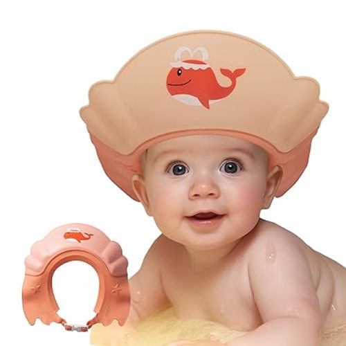 Baby Shower Cap Shield, Shower Cap for Kids, Visor Hat for Eye and Ear Protection for 0-9 Years Old Children,Cute whale shape Makes the Baby Bath More Fun (Orange)