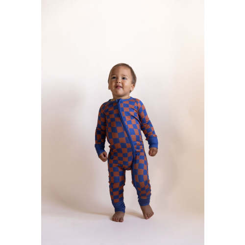 BROWN + ROYAL BLUE WAVY CHECKER | ZIPPER ONE PIECE