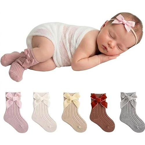 5 Pairs Newborn Preemie Girls Socks, Cotton Knit Bow Socks, Soft & Breathable Ankle Stockings with Bow for Newborn Preemie Toddlers, Gift for Baby Shower Birthday Christmas