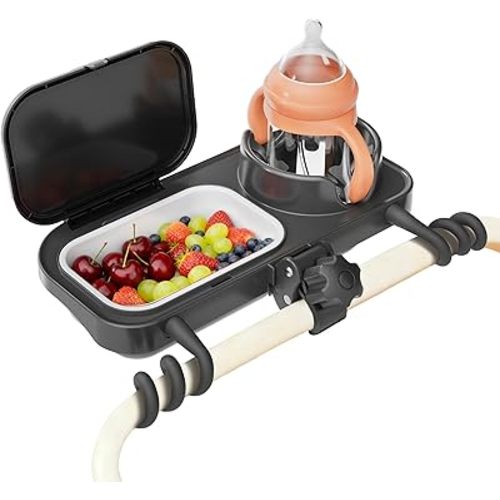 Universal Stroller Snack Tray, Compatible with Nuna Uppababy Mockingbird Stroller Bar, Snack Tray Attachment with Cup Holder, Detachable Silicone Tray for Easy Clean, Toddler Snacking On The Go