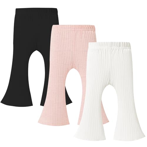 TATAKERI 3 Pack Baby Girls Pants Solid Ruffled Ribbed Toddler Flared Pants Newborn Bell Bottoms Infant Leggings