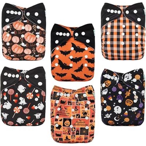 ALVABABY Halloween Baby Cloth Diapers 6 Pack with 12 Inserts Cloth Diaper Covers Adjustable Washable Reusable for Baby Girls and Boys