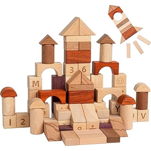 Alphabet Number Early Math Wooden Building Blocks Set - 86 Blocks in 6 Shapes with Wooden Storage Tray. Preschool Montessori Kids Toys. Stacking Learning Toys for Toddlers. Age 3 Years +