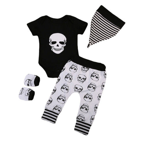 4PCS Infant Newborn Baby Boys Girl Skull Romper+Pants+Hat+Mitten Halloween Clothes Outfit Set
