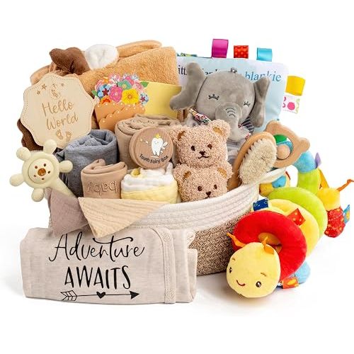 Baby Shower Gifts for Girls, 24 Piece Deluxe Baby Shower Gift Basket - Baby Girl Gift Basket with Swaddle, Rattle, Bath Towel, Brush, Car Seat Activity Toy & Milestone Cards for New Mom (Khaki)