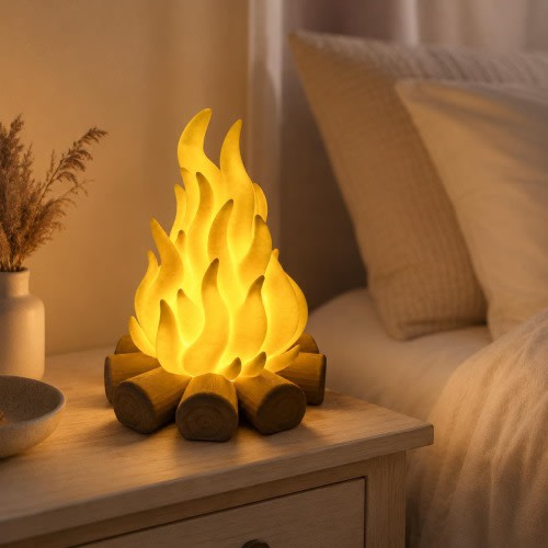 Campfire Night Light Flame Effect Decoration Ideas Woodland Bedroom Mood Lighting Rustic Cabin Miniature Firepit Log Fire Ambient Display 3D