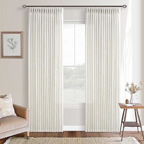 Cream Linen Curtains 84 Inches Long Pinch Pleated for Living Room Bedroom Pinch Pleat Drapes Rings Hooks Back Tab Light Filtering Boho Farmhouse Semi Sheer 84 Inch Curtain for Dining Room W50xL84