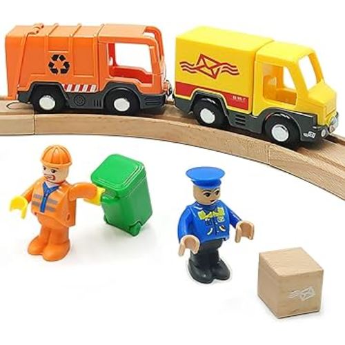 Garbage Mail Truck Small Toys Cars for 3 5 Year Old Boys Magnetic Couplings City Vehicle for Wood Train Set for Children Inside Outside Toys (City Set)