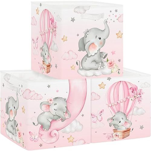 Clastyle 3 pcs Dreamy Animal Cube Storage Unit Boxes Foldable Kallax Box for Shelves Parents Storage Baskets for Book Clothes Toy Organizer, Elephant, 11.8x11.8x11.8 in