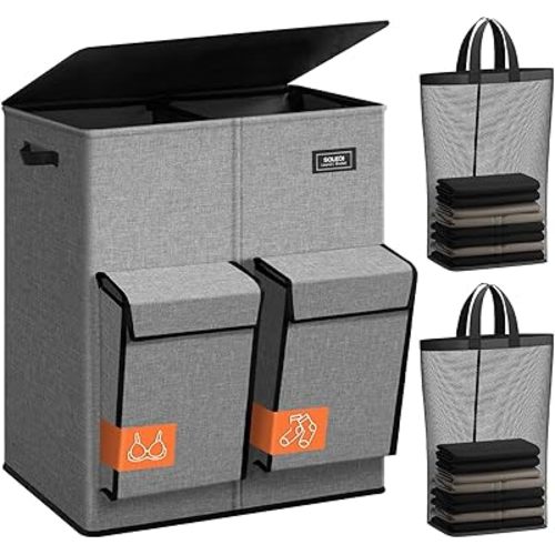SOLEDI Double Laundry Hamper with Lid, 47.8 Gal (180L) Large Laundr Basket 2 Section with 2 Side Pockets, Dirty Clothes Hamper with Removable Bag, Easy to Carry for Laundry Room, Bedroom, Grey
