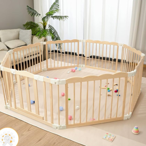 Baby Playpen Natural Wood Playpen for Babies and Toddlers Portable Infant Play pens for Kids Extra Large Toddler Wood Fence Play Area with Suction Cups