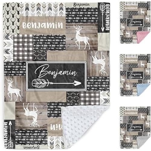 Custom Baby Blanket, Personalized Name Baby Blanket for Boys Girls, Woodland Deer Double Layer Dotted Backing Receiving Swaddle Blankets, Nursery Newborns New Parents Customized Gifts(30"x40")