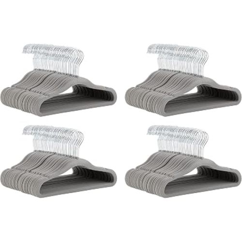 Amazon Basics Kids Velvet, Non-Slip Clothes Hangers for Infant and Toddler, 11.6 inches (for Baby Clothes), Gray (Pack of 4)