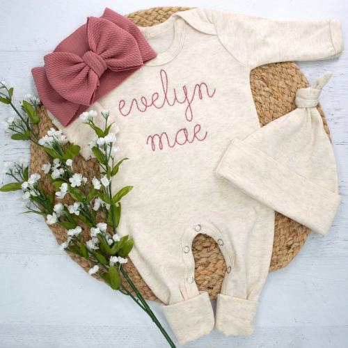 Personalized baby girl oatmeal and mauve vintage romper with headband, Newborn outfit, Embroidered girl coming home outfit, baby shower gift