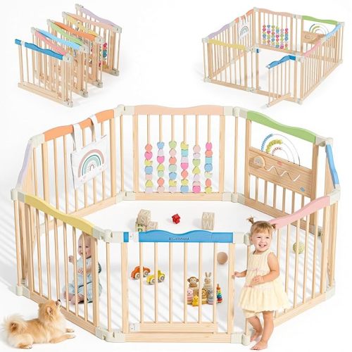Foldable Wooden Playpen - Adjustable Wood Baby Play Yard with Child-Proof Lock, Indoor Large Safety Fence for Babies and Toddlers - Easy Assembly, 55 x 55 x 24 inches, Natural Rainbow Dream