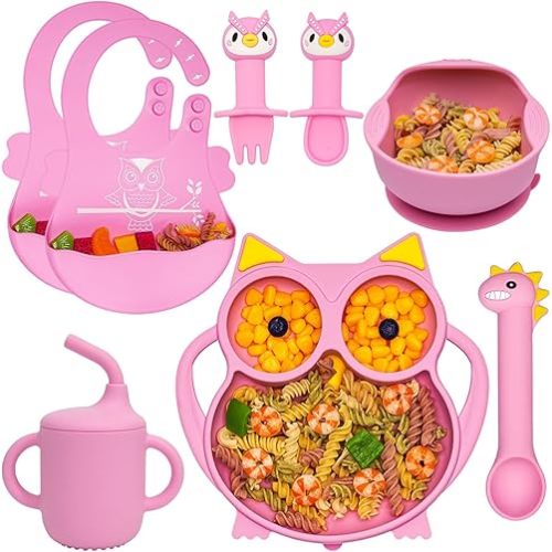 Silicone Baby Feeding Set,Baby Led Weaning Supplies Baby Silicone Suction plate and bowl set,Toddler Self Feeding Dish with Spoons Forks Sippy Cup And Adjustable Bib for 6+ Months-Pink