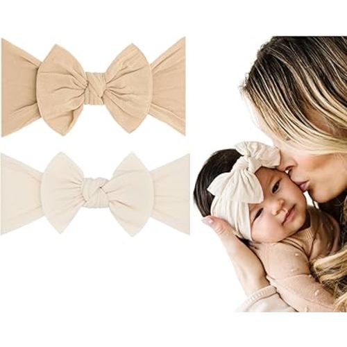 Baby Bling Bows - Newborn to Little Baby Girl Bows, 2 Pack Nylon Super Soft Stretchy Knot Toddler Headbands, Perfect Hair Accessories Head Bands for Infant Kids (Fawn & Oatmeal)