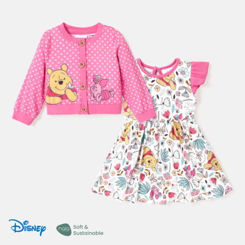 Disney Winnie the Pooh Baby Girls Allover Print Dress and knitwear cardigan Outfit Set Sizes 3-24M
