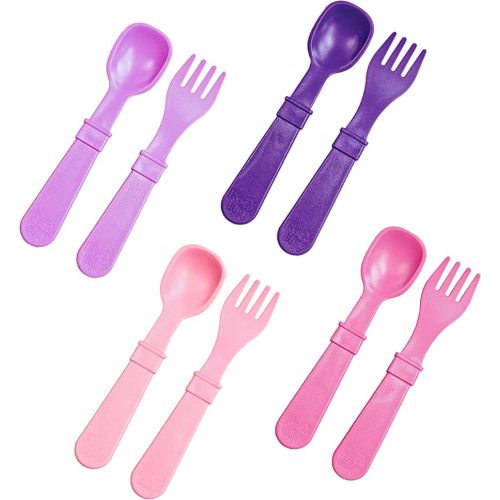 RE-PLAY Made in USA 8pk Toddler Feeding Spoon and Fork Set| Made from BPA Free Eco Friendly Recycled Milk Jugs | Bright Pink, Purple, Blush & Amethyst | Dishwasher Safe |Princess
