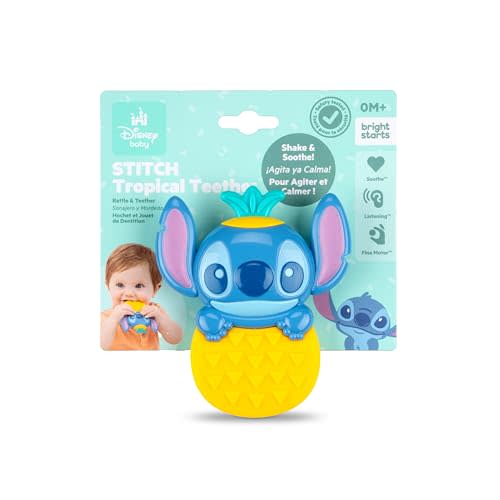 Disney Baby Stitch Tropical Teethe Rattle & Teether by Bright Starts, Pineapple Shaped Activity Teether Toy for Newborns and Up