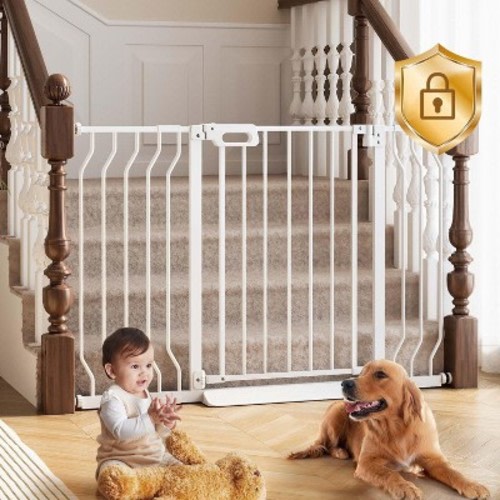 GROWNSY Baby Gate for Stairs, 29.5"-48.4" Pressure Mounted Baby Gate for Top of Stair with V-Shaped Rods, Anti-Trip Pedal, Extra Wide Stairs, White