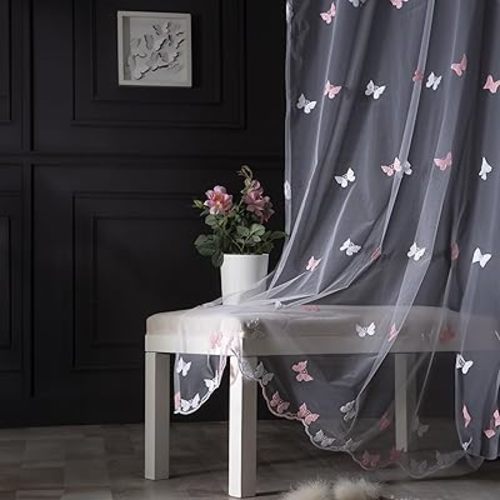 Sheer Curtains, 84 Inches Long, 2 Panel Set, White Voile with Linen Lace, 3" Rod Pocket (White Pink Butterflies, 52" W x 84" L, Pack of 2)