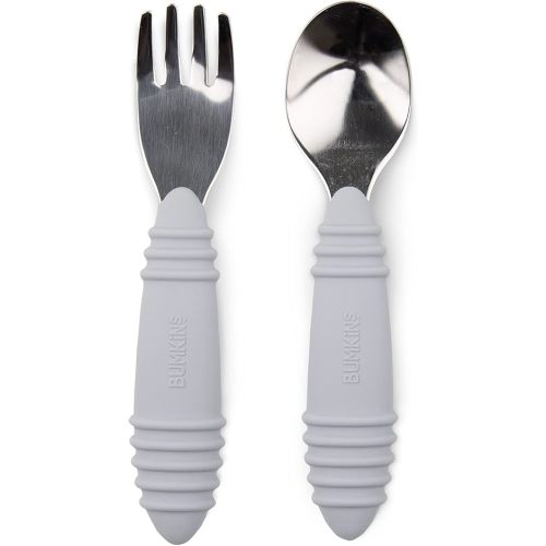 Bumkins Toddler Utensils, Kids Size Fork and Spoon Set, Silicone and Stainless-Steel Training Silverware, Angled Forks / Sporks for Self-Feeding, Children Hold Learning to Eat, 18 Months Up, Gray