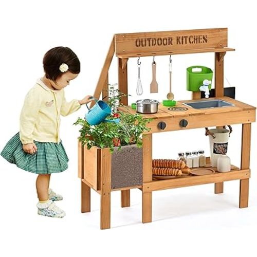 Mud Kitchen for Kids Outdoor, Wood Play Kitchen with Planter Box, Toddler Sink, Faucet, Blackboard, Water Cup and Accessories