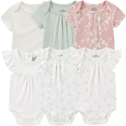 Baby Bodysuit 6 Pack Soft Mixed Ribbed Short Sleeve Romper Infant Boy Girl Clothes Set