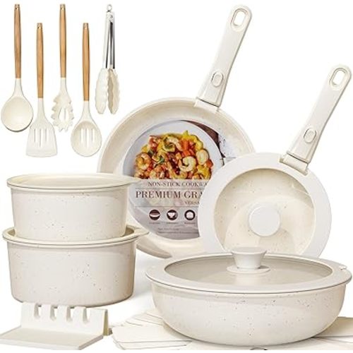 Astercook 21 Pcs Pots and Pans Set Non Stick, Ceramic Cookware Set Detachable Handle, RV Kitchen Cooking Set Removable Handles, Oven Safe, Induction Ready, Stackable, Cream, Fathers Day Gift for Men