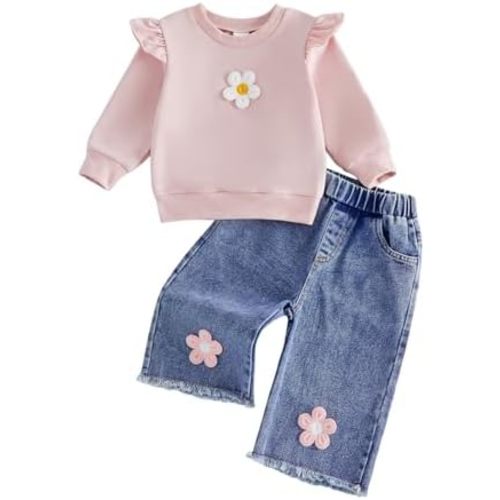 Baby Girl Clothes Toddler Fall Outfits Floral Ruffle Long Sleeve Sweatshirt and Jeans Pants Girls Denim Outfit