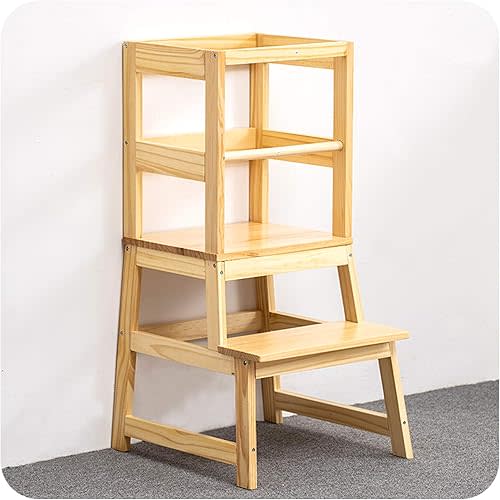 Kitchen Step Stool for Toddlers with Non-Slip Mat, WOOD CITY Wooden Kids Montessori Learning Stool Tower, Toddler Standing Tower Helper for Kitchen Counter and Bathroom Sink(Burlywood)