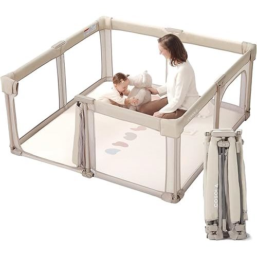 Baby Playpen Portable, Pre-Assembled Play Pen 59x59 Large Foldable Playpen for Babies and Toddlers, Sturdy and Safe Toddler Play Yard Indoor Outdoor with Carry Bag,Khaki