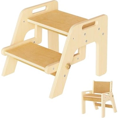 Toddler Step Stool, 2 in 1 Kids Step Stool with Safety Non-Slip Pads and Handles, Wooden Potty Training Stool, Kids Stools Toddler Stool for Bathroom Sink, Kitchen, Bedroom, Nursery, Natural