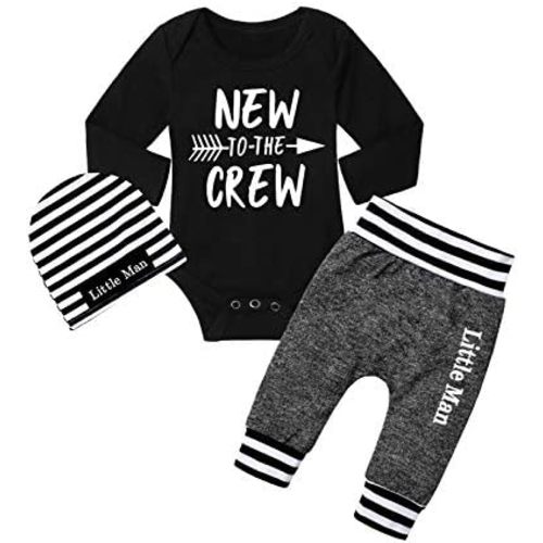 Fommy Newborn Baby Boy Clothes New to The Crew Letter Print Romper+ Pants+Hat 3PCS Outfit