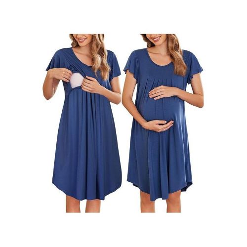 Ekouaer Nursing Nightown Labor and Delivery Gown for Hospital Pleated Breastfeeding Dress Short Sleeve Maternity Sleepwear Navy Blue XL