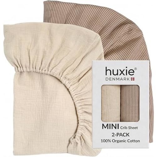 Mini Crib Sheets - Organic Cotton Muslin Fitted MINI Crib Sheet for Pack and Play - Ultra-Soft and Breathable for Boys and Girls (2-Pack Fog/Stripe)