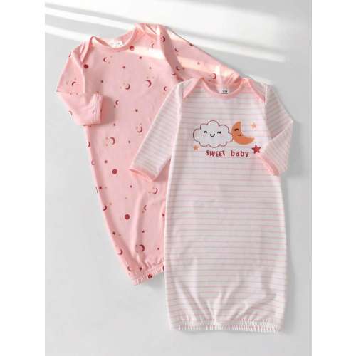 Newborn Baby Pajamas-Newborn Sleep Gown Long Sleeve Front Snap Elastic Hem Moon Cloud Print Pink Stripes Four Season 2026 New Year Essential | SHEIN USA