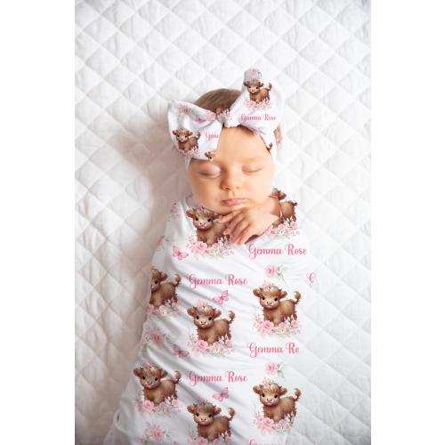 Personalized Highland Cow Swaddle, Custom Baby Girl Blanket, Bow Knotted Hat or Beanie, Baby Nursery Decor, Baby Shower Gift, Photo Prop