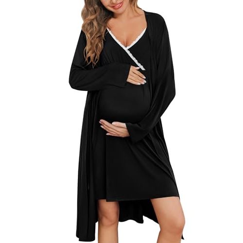 SWOMOG Maternity Robe Nursing Nightgown 3 in 1 Labor Delivery Birthing Gown for Hospital Breastfeeding Bathrobes Lace Dress
