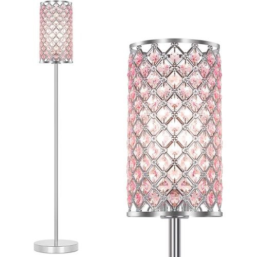 Crystal Floor Lamp for Bedroom, Silver Floor Lamp with Pink Shade, Girls Lamp with On/Off Foot Switch, Elegant Standing Light Tall Pole Lamp for Living Room, Dresser, Office (E26 Base)