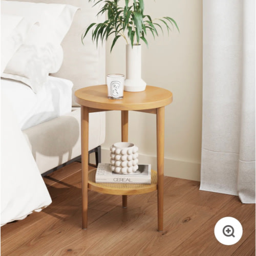 Wood & Rattan Round End Table Warm Pine