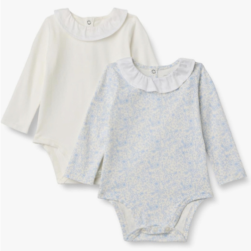 Amazon Essentials x Sofia Grainge Baby Girls' Long Sleeve Cotton Ruffle Collar Bodysuit, Snap Closure, Breathable, Pack of 2