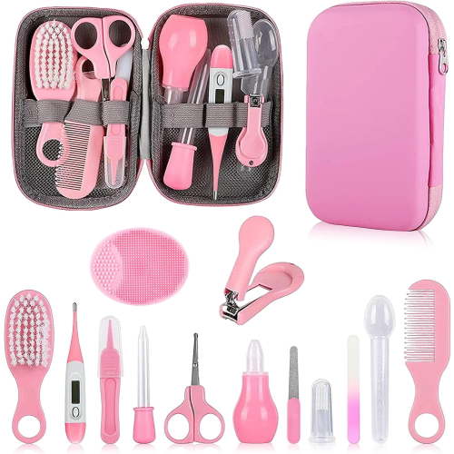 Baby Grooming Kit, Infant Safety Care Set with Hair Brush Comb Nail Clipper Nasal Aspirator for Newborn Girls Boys (Pink)