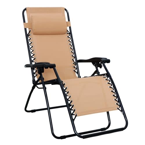 Amazon Basics Outdoor Patio Zero Gravity Folding Reclining Lounge Chair with Padded Headrest Pillow, Adjustable Lawn Chair for Outside, Weather-resistant Textilene, 26", Beige