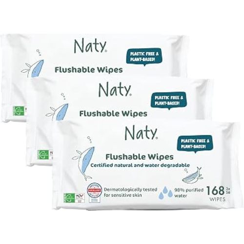 Naty Flushable Baby Wipes, 98% Water & Hypoallergenic, 168 Ct. (3 Packs)