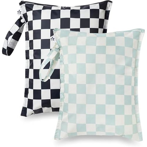Tiny Twinkle Mess Proof Wet Bags | 2-Pack Reusable Waterproof Wet Bags for Swimsuits | Baby Clothes | Travel & Diaper Bag (Black, Green Checkers)
