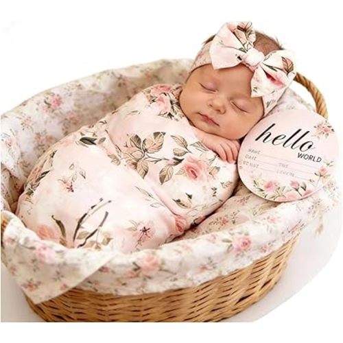 Galabloomer Newborn Receiving Blanket Headband Set Flower Print Baby Swaddle Blankets (Vintage)