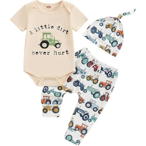 Newborn Baby Boy Tractor Clothes Cotton Funny Letter Bodysuit+Truck Leggings Hat Farm Baby Shower Coming Home Outfit