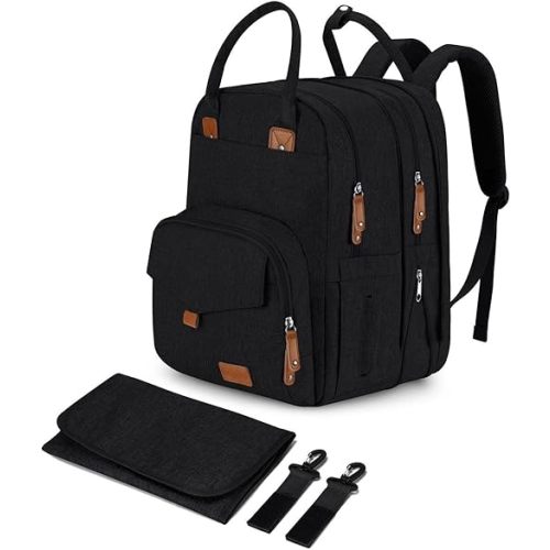 Large Diaper Bag Backpack for Two Kids Twins - Expandable Baby Bag (26-36L), Dual Big Compartments - Includes Changing Pad & Stroller Straps, Unisex Black